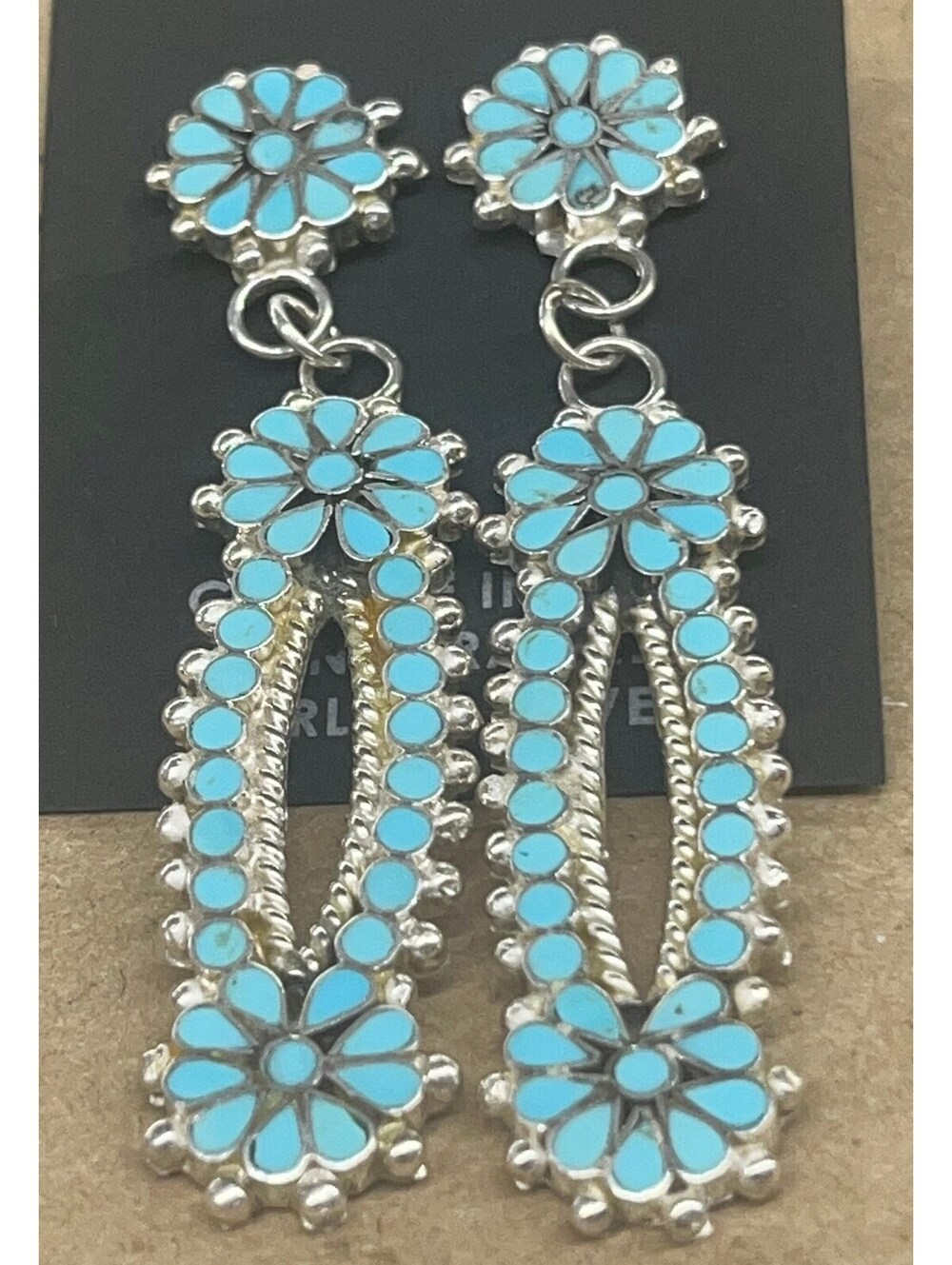 Native American Zuni handmade sterling earrings inlay turquoise petit point